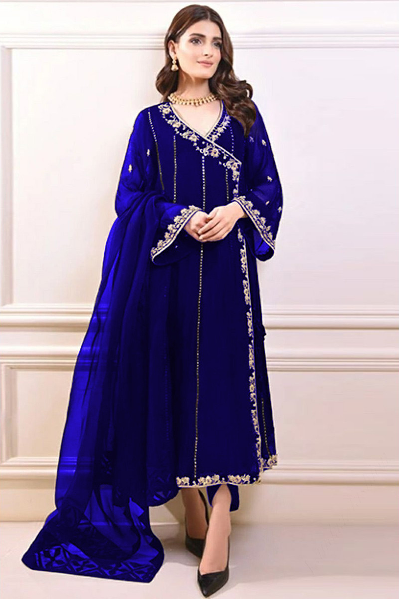 Buy Blue color faux georgette embroidery pakistani suit at fealdeal.com