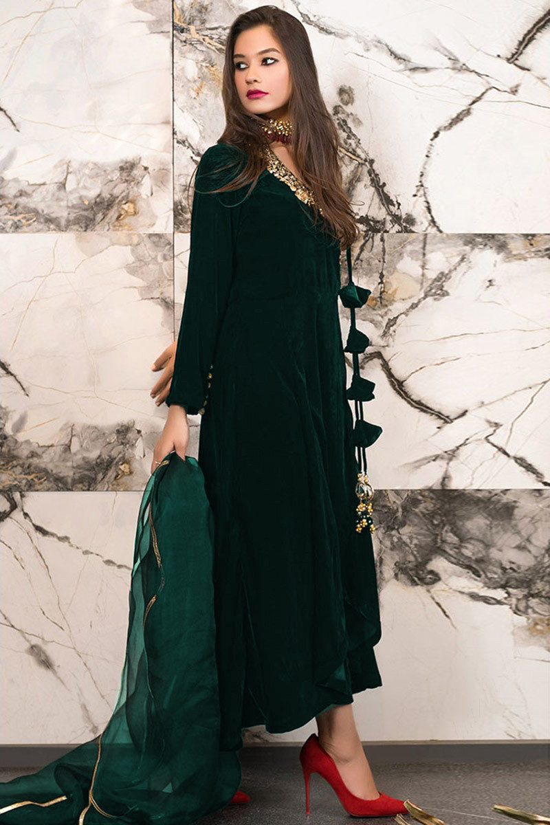 Buy Party Wear Velvet Teal Green Trouser Suit With Zari Work