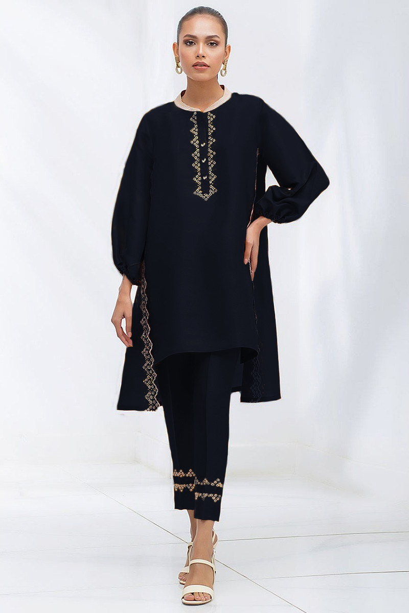 Black Taffeta Silk Embroidered Trouser Suit