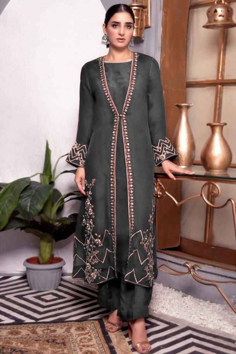 Dark Grey Silk Palazzo Suit With Embroidered Jacket