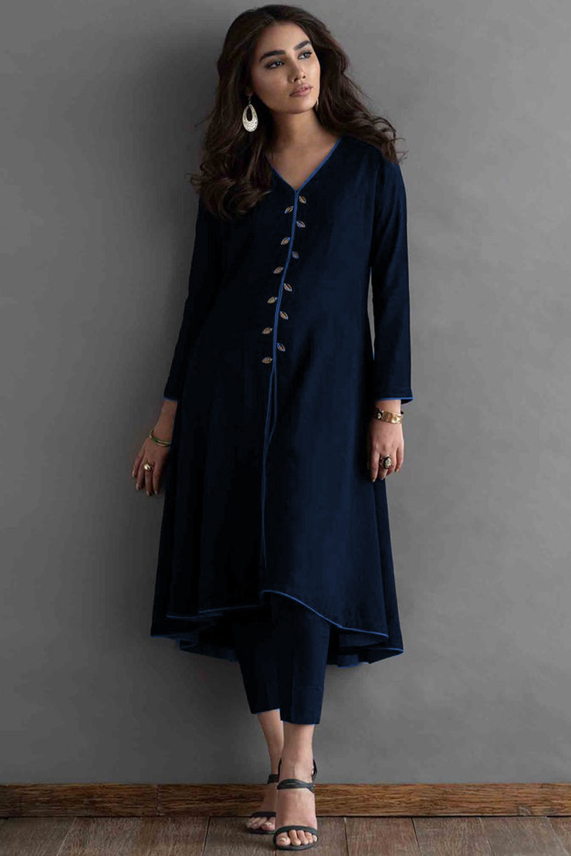 Plain Cotton Dupion Silk Navy Blue Casual Trouser Suit