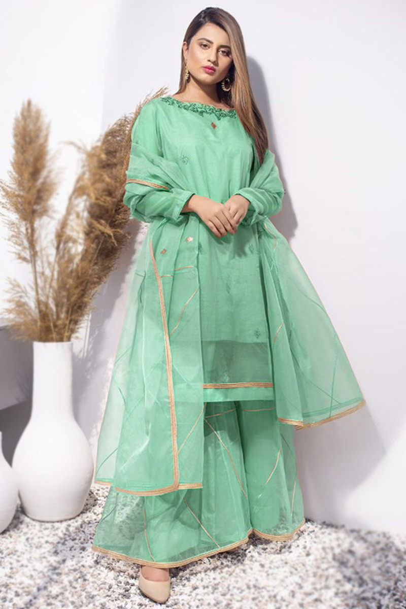 Designer Light Green Organza Embroidered Sharara Suit