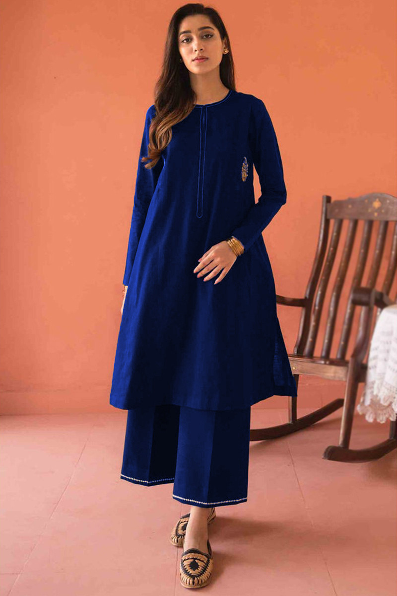 Plain Cotton Silk Blue Palazzo Suit