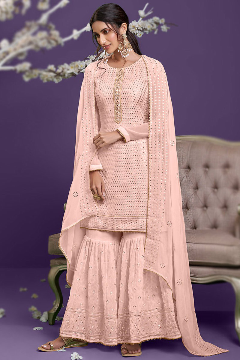 Pale Pink Party Wear Cutdana Work Sharara Suit in Georgette