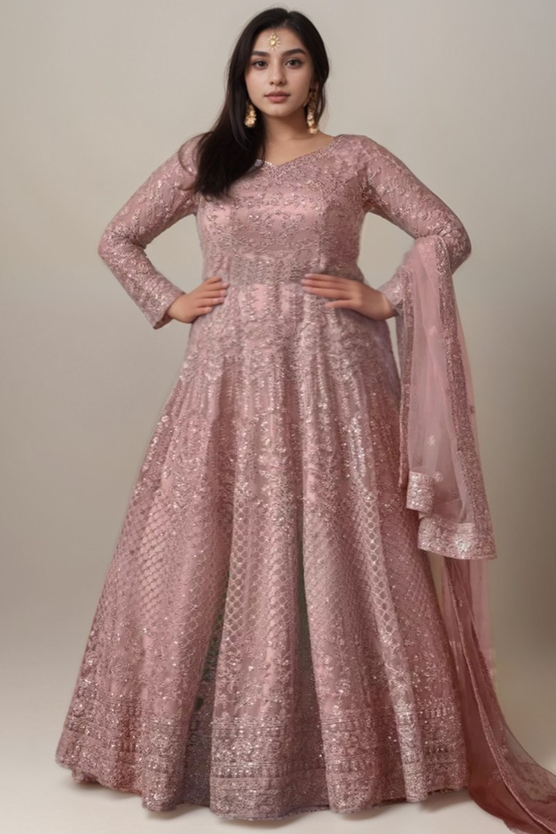 Dusty Pink Plus Size Net Embroidered Wedding Anarkali Suit