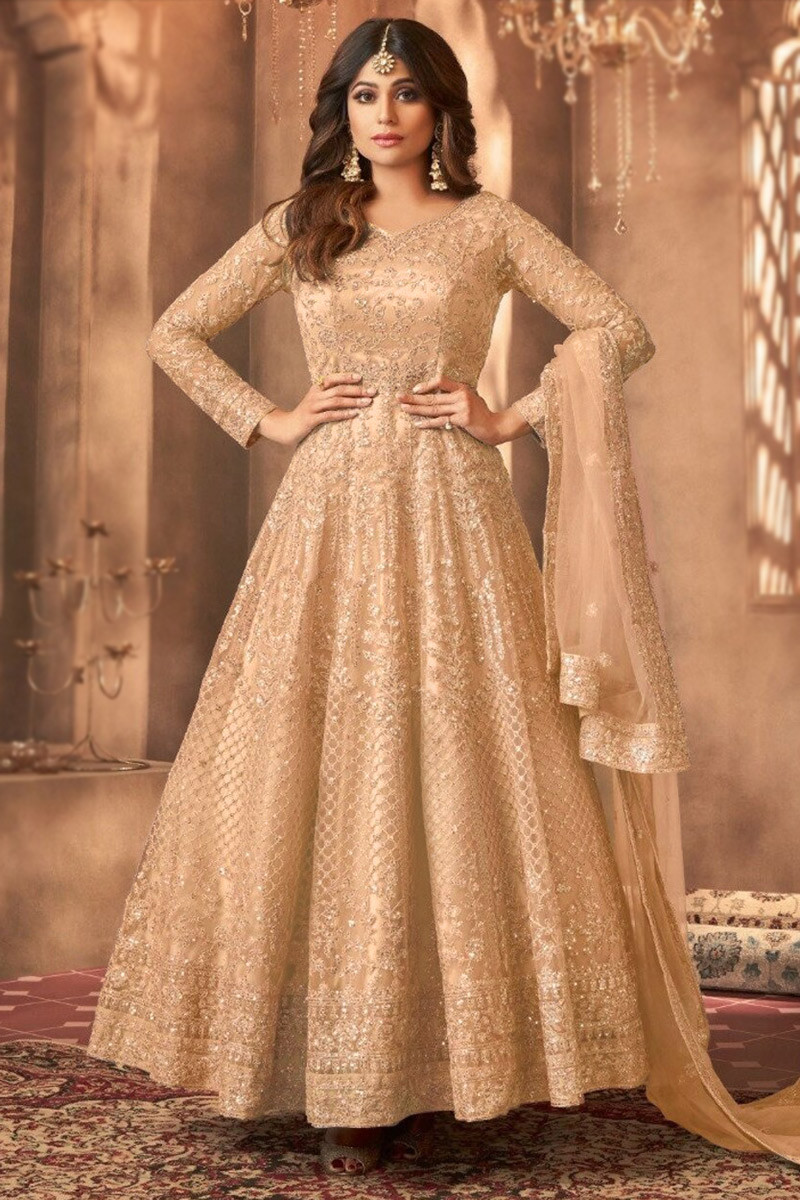 Sequins Embroidered Net Beige Anarkali Suit For Eid