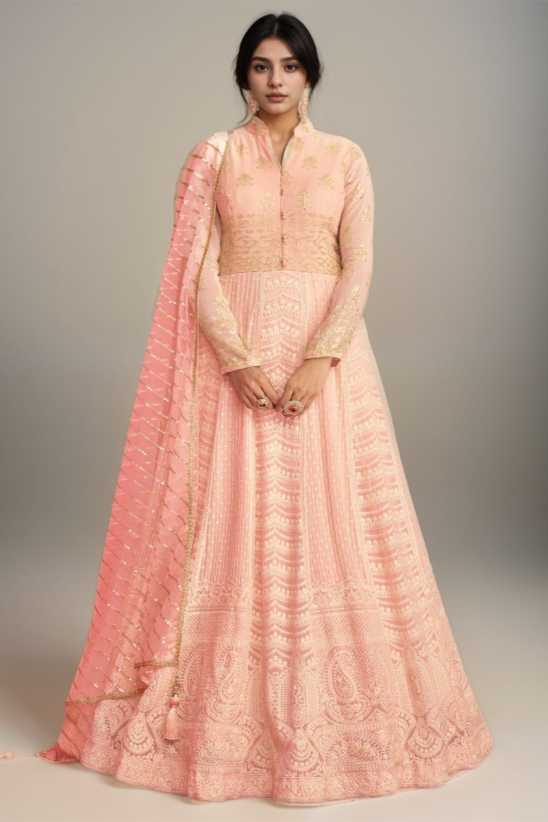 Georgette Anarkali Suit with Zari Work in Plus Size Salmon Peach