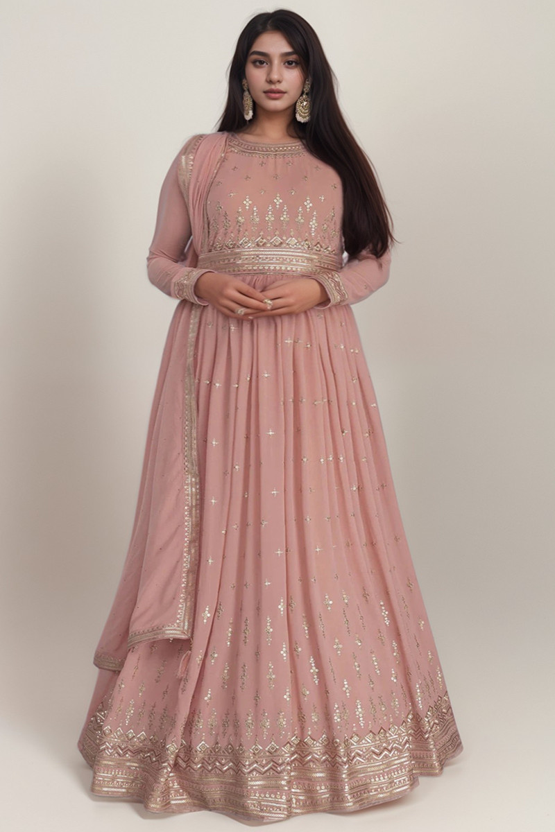 Plus Size Anarkali Suit in Dusty Pink Georgette for Eid