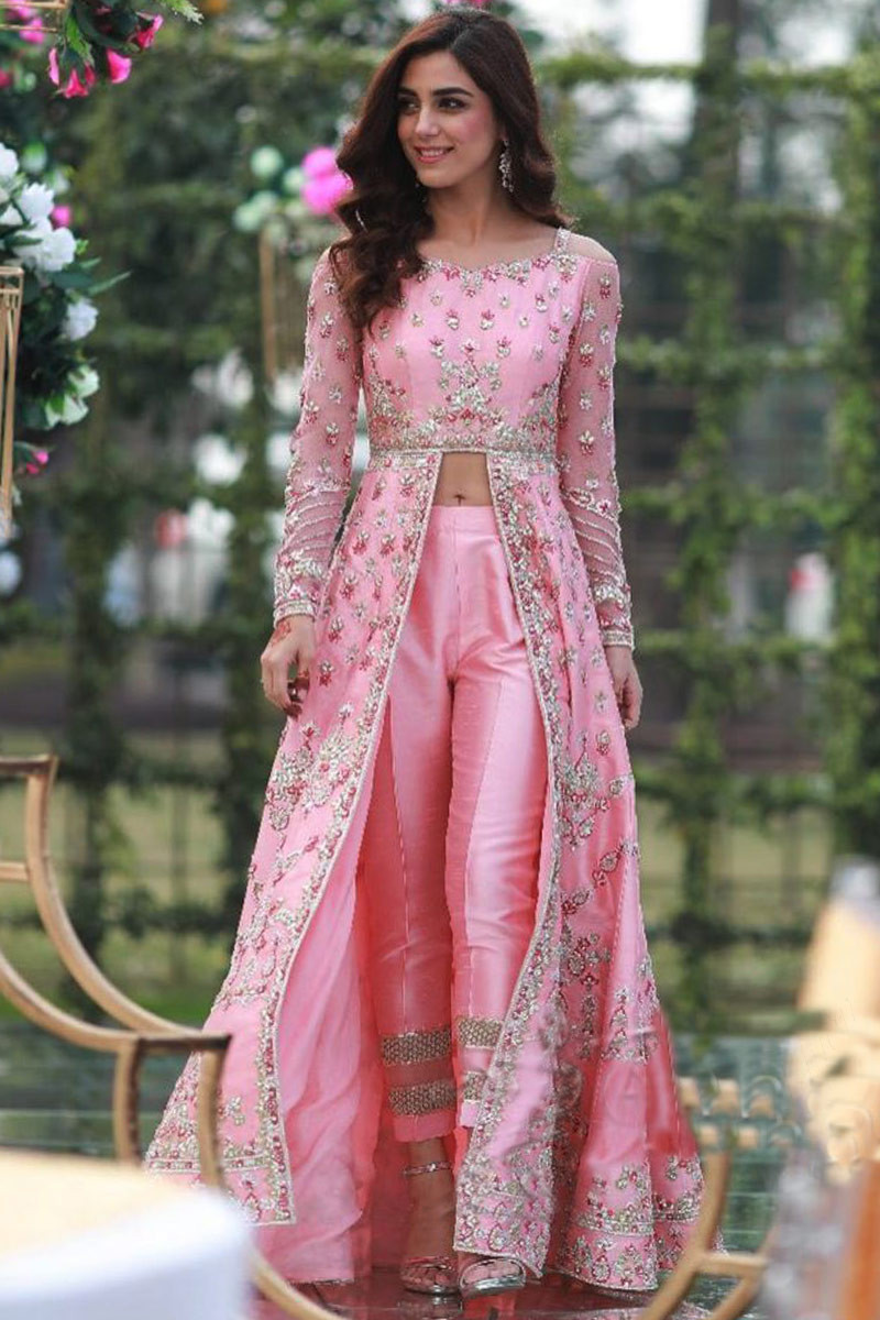 luxurious pink cigarette pant suit with resham work 1 lstv02500
