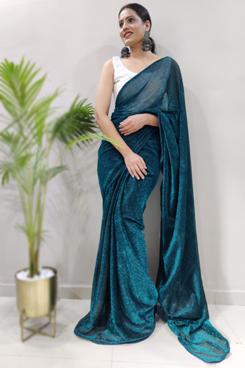 lycra net shimmer saree in peacock blue lycra sarv151396 1