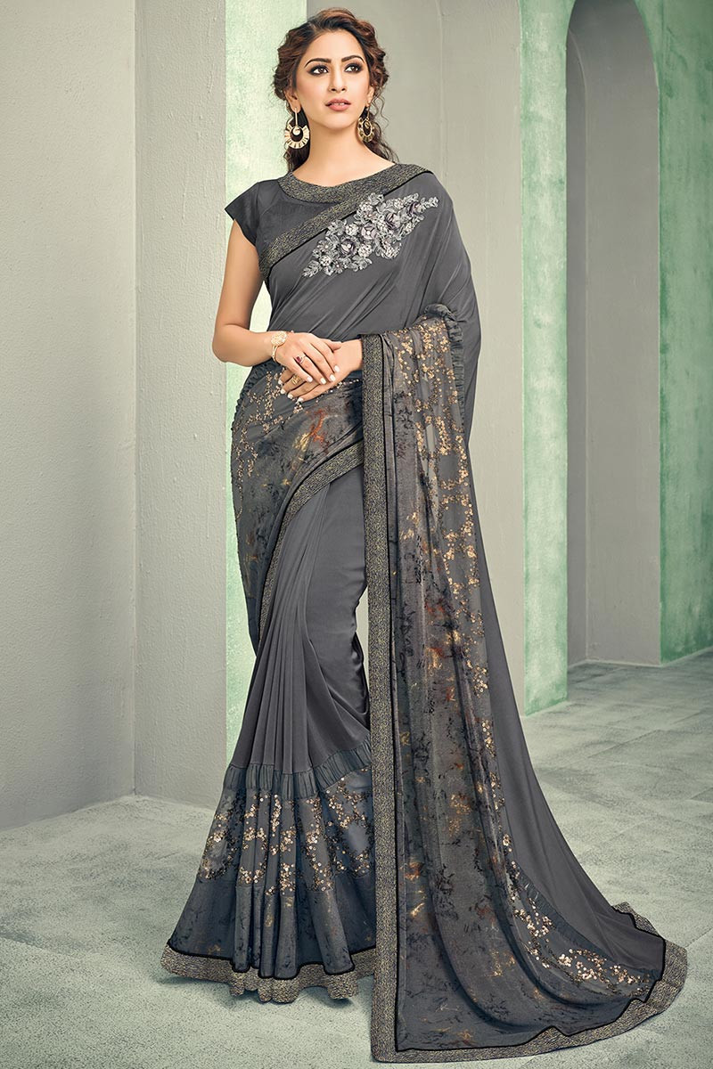 Buy Party Wear Black Sequins Work Lycra Readymade Saree Online