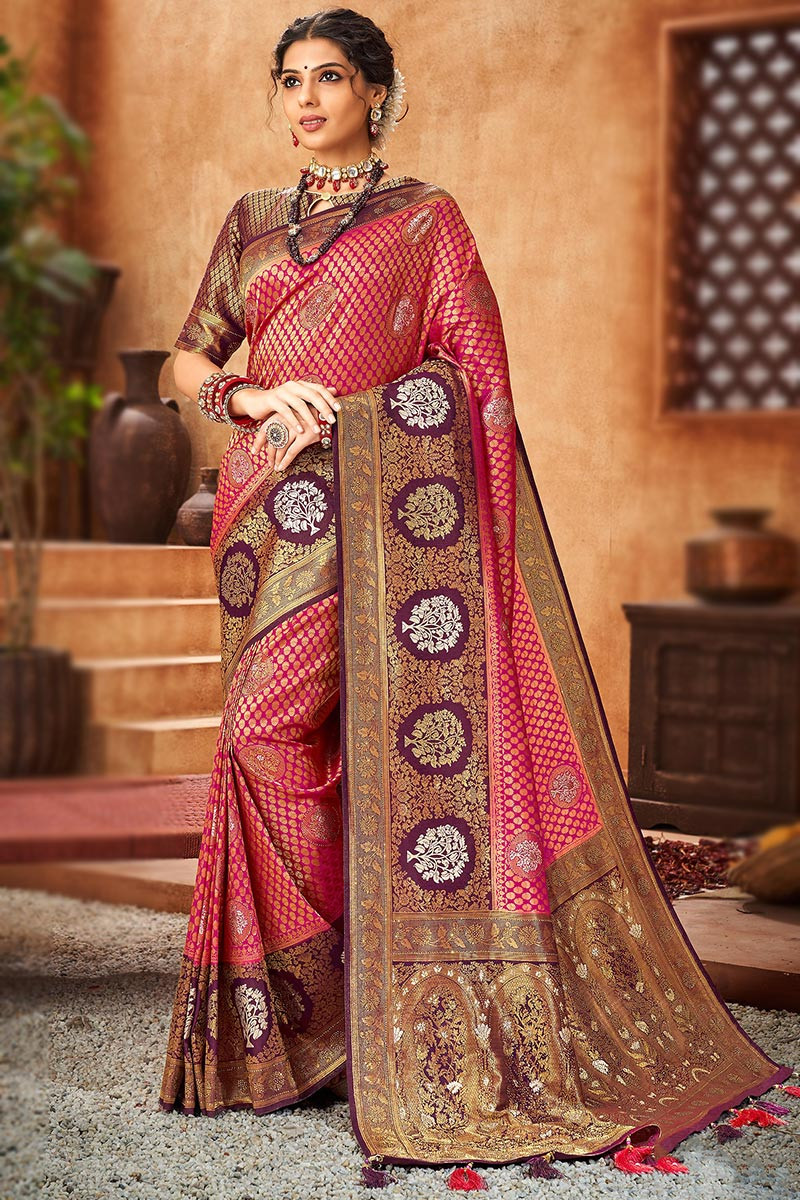 Buy Peach Zariwork Brocade Saree - Koskii