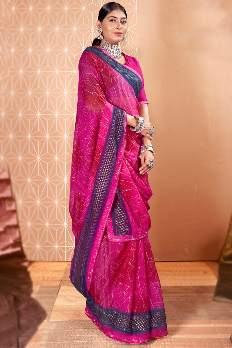 Magenta Pink Casual Wear Printed Chiffon Saree