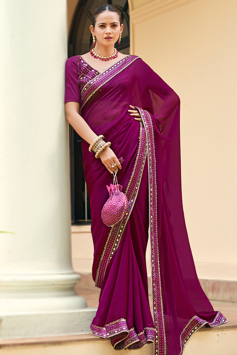Mirror work chiffon shop saree
