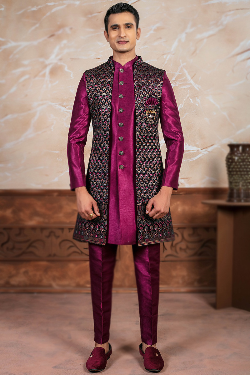 Magenta Pink Jacket Style Silk Embroidered Men s Sherwani For Engagement MSTV03813