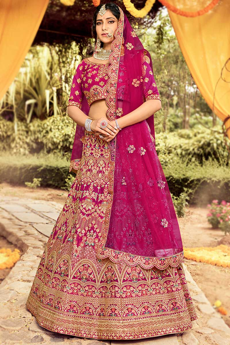 Magenta Pink Raw Silk Embroidered Lehenga