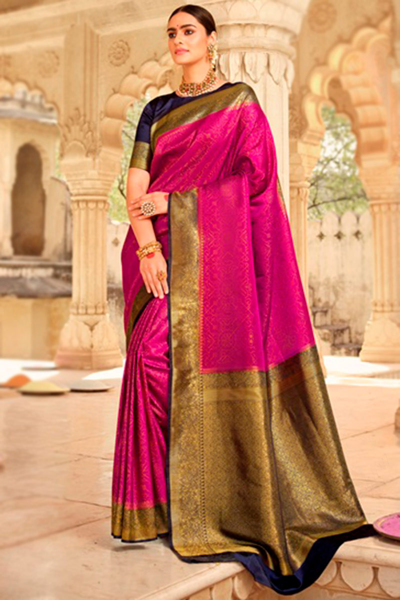 Weaved Thread Work Wedding Saree in Magenta Pink Silk