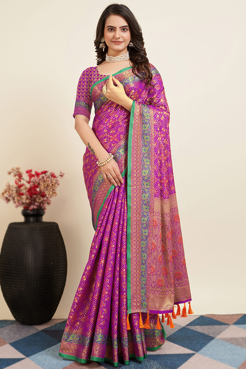Magenta Pink Weaved Zari Silk Broad Border Saree For Sangeet 