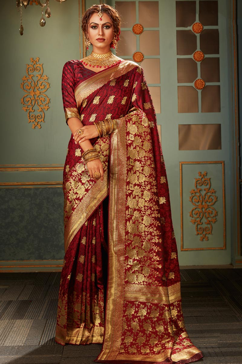 Maroon Banarasi Silk Wedding Wear Saree
