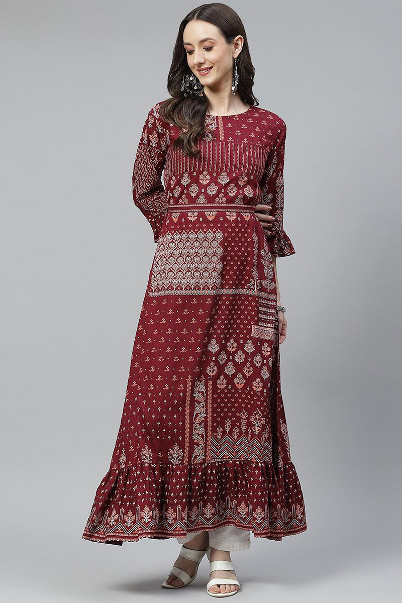 Maroon Cotton Frock Style Kurti