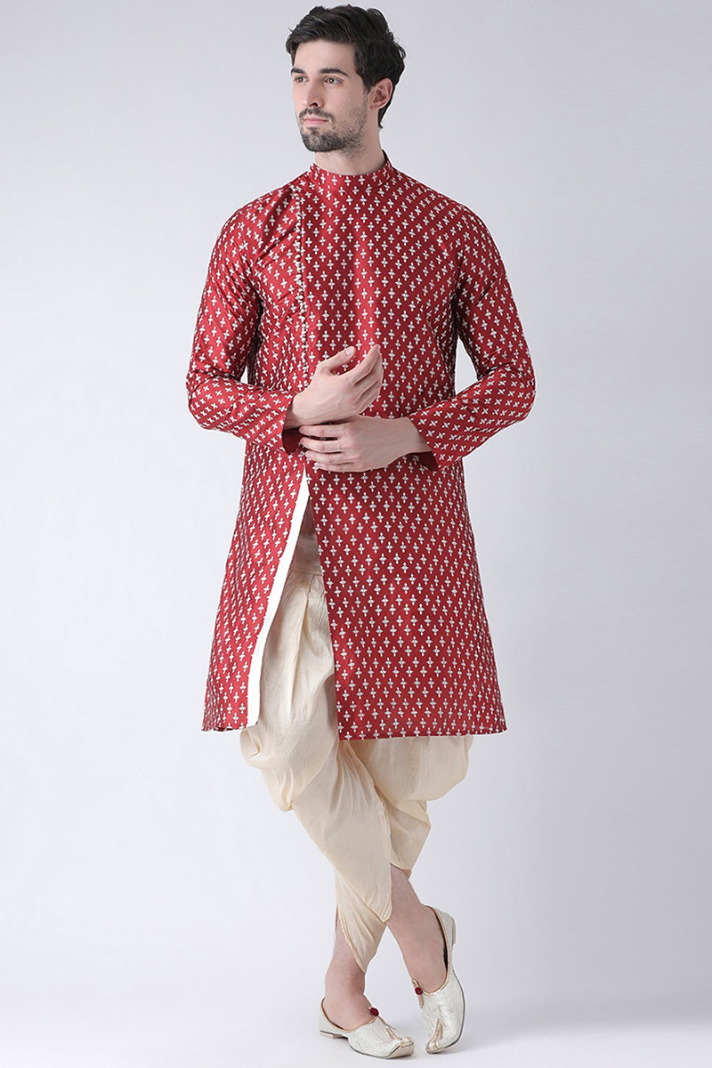 Maroon Dupion Silk Printed Men Dhoti Kurta