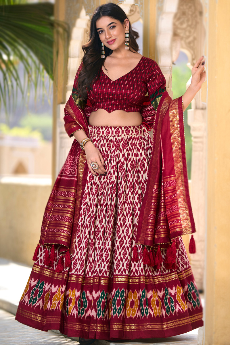 Maroon Foil Printed Tussar Silk Flared Style Chaniya Choli