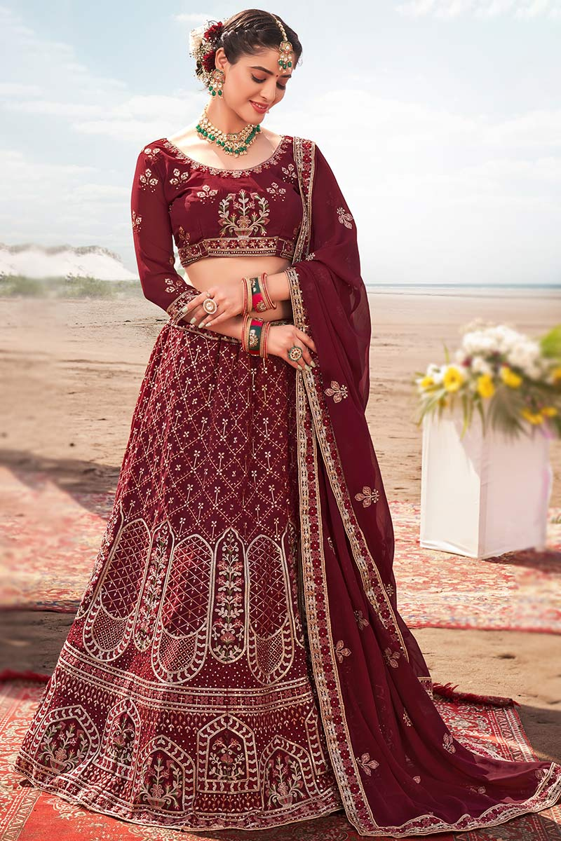 Maroon Georgette Embroidered Lehenga