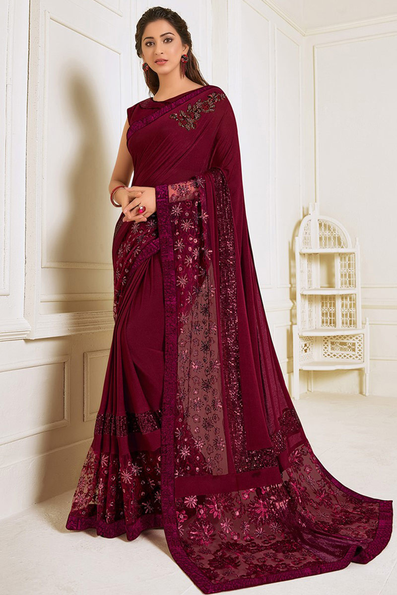 Embroidery Burgundy colour Designer Saree – nandikasarees.co.uk