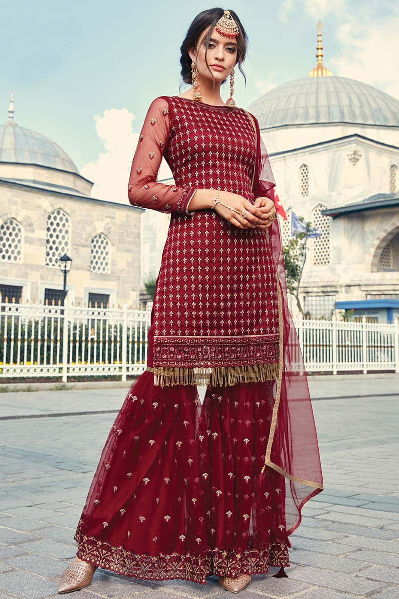 Maroon Net Sharara Suit With Sequins Work