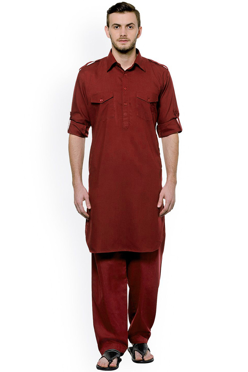 Maroon Poly Cotton Plain Pathani Men Kurta Salwar