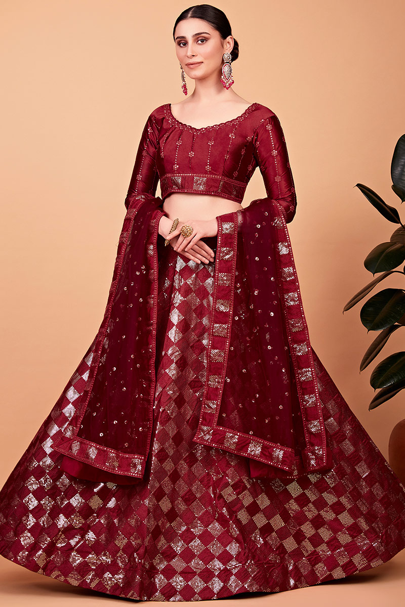 Maroon Resham Embroidered Silk Lehenga