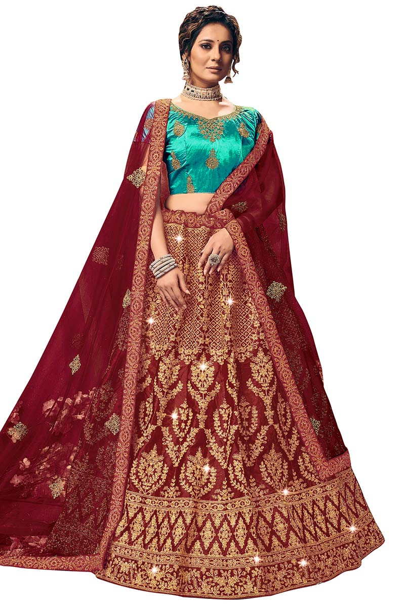 Maroon Satin A Line Embroidered Lehenga