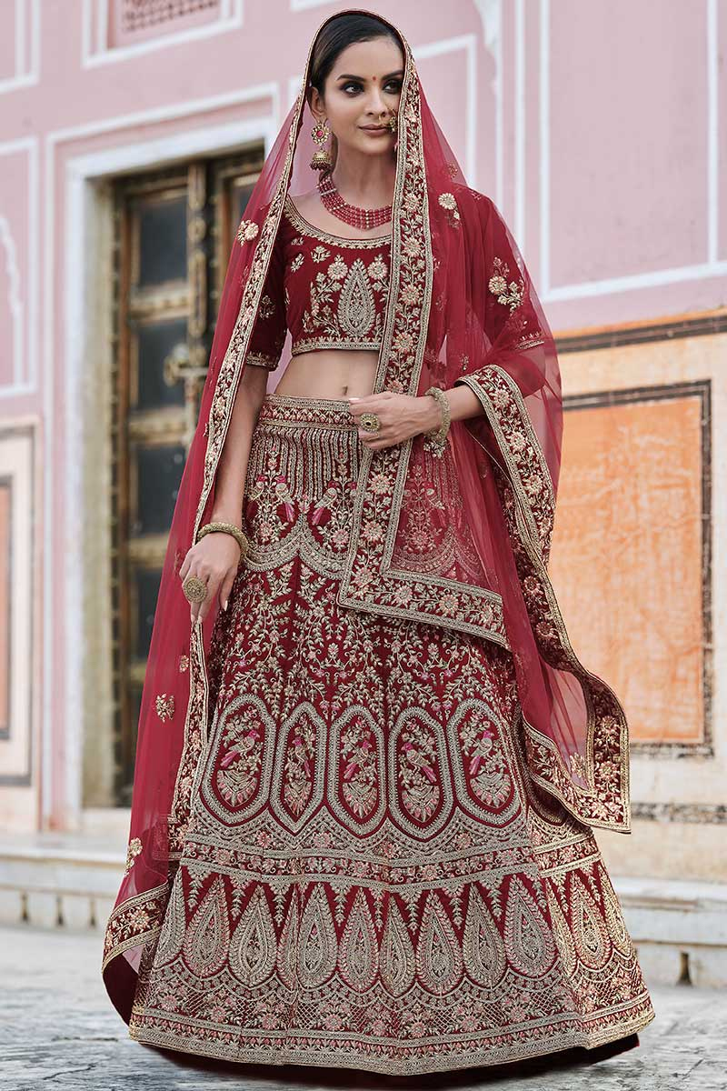 Lehenga for Party Wear in Velvet Maroon with Sequins embroidery