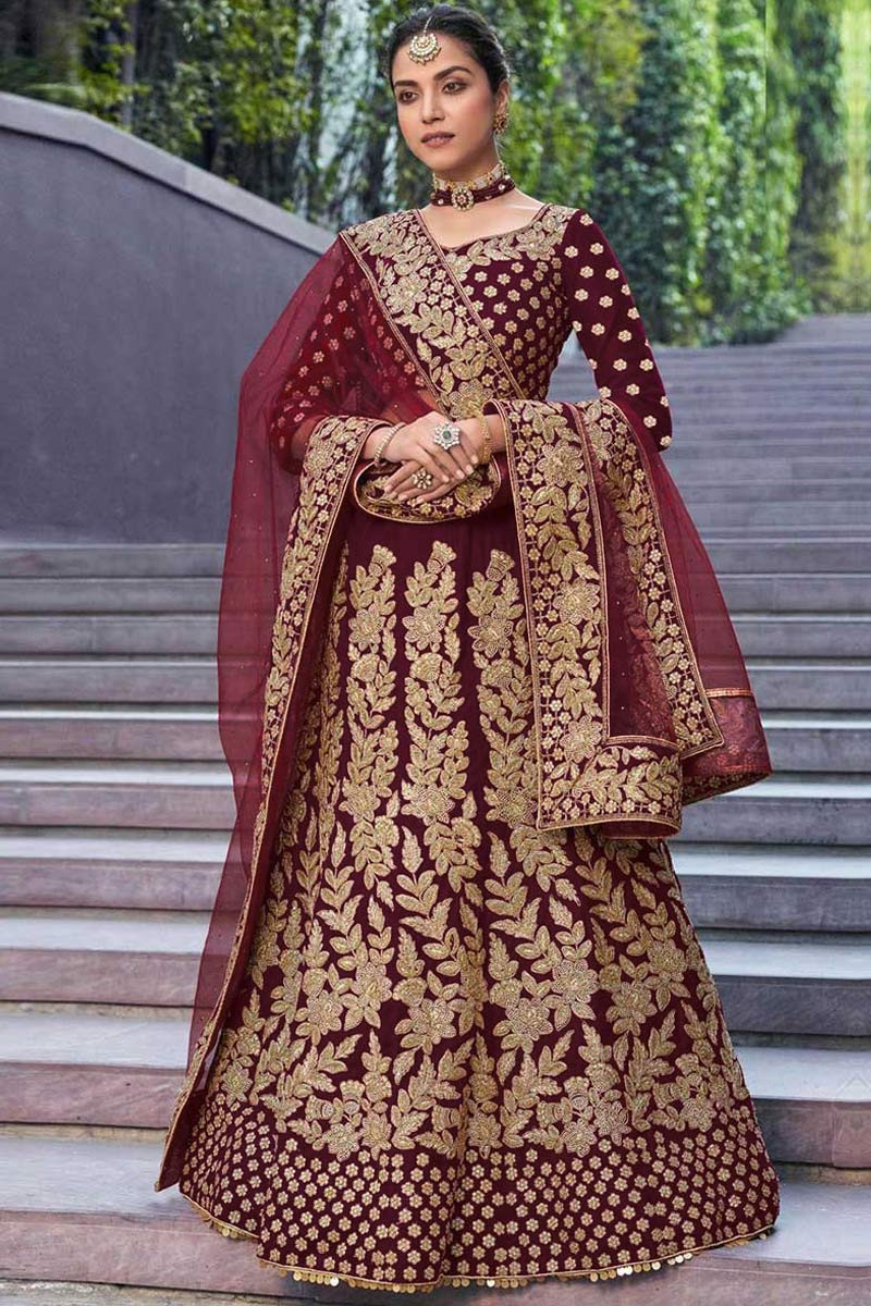 Buy Bridal Lehenga - Velvet Maroon Fancy Embroidered Lehenga Choli –  Empress Clothing