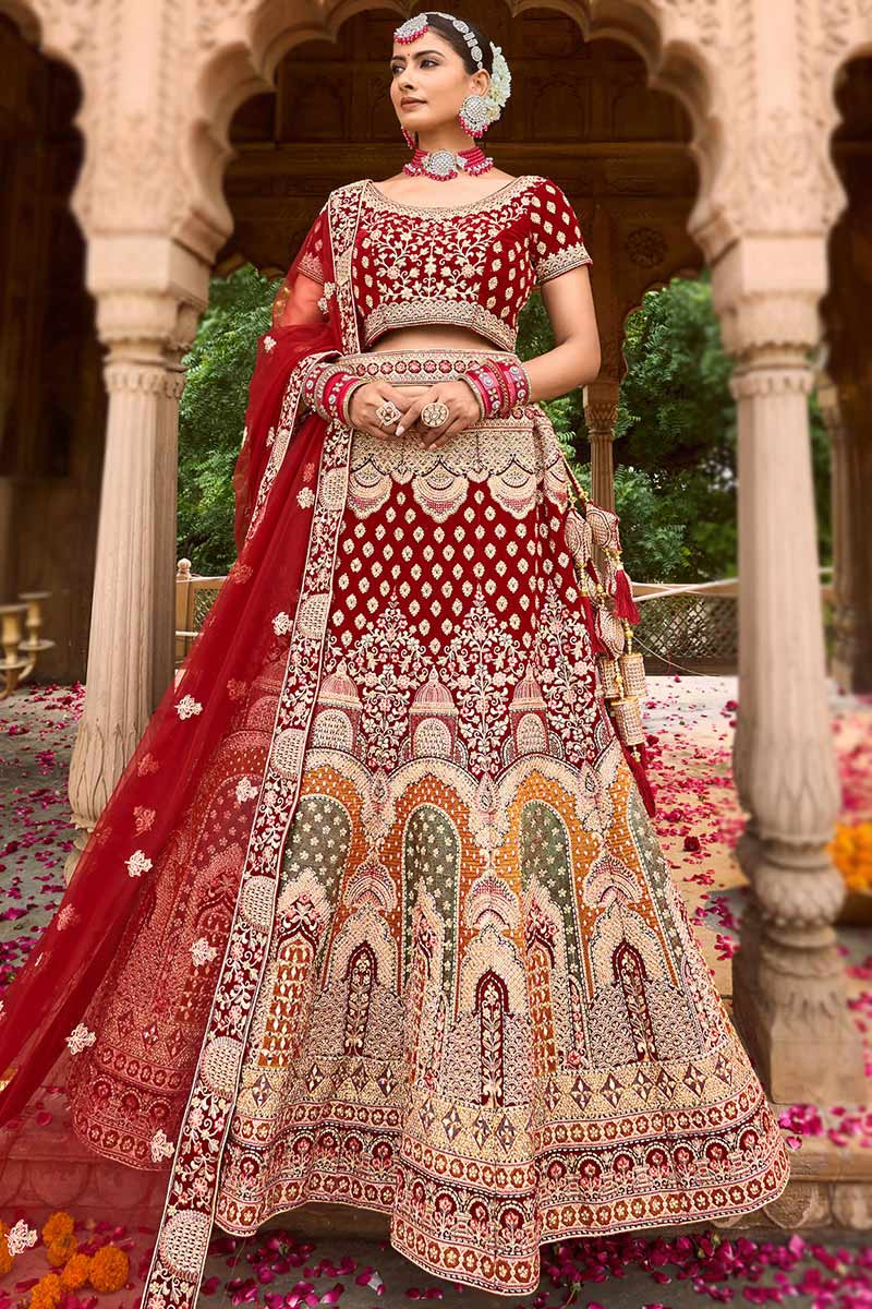 maroon velvet embroidered bridal wear lehenga llcv113011 1