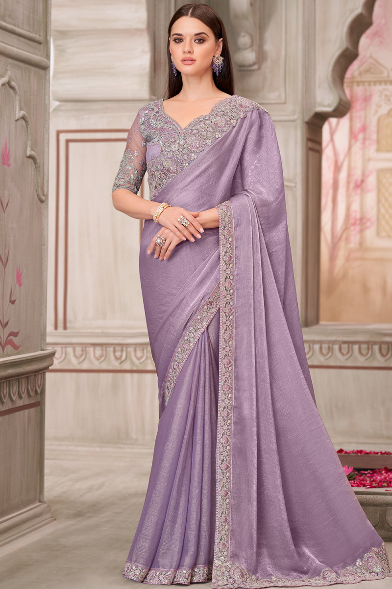Mauve Chiffon Embroidered Shimmer Saree 