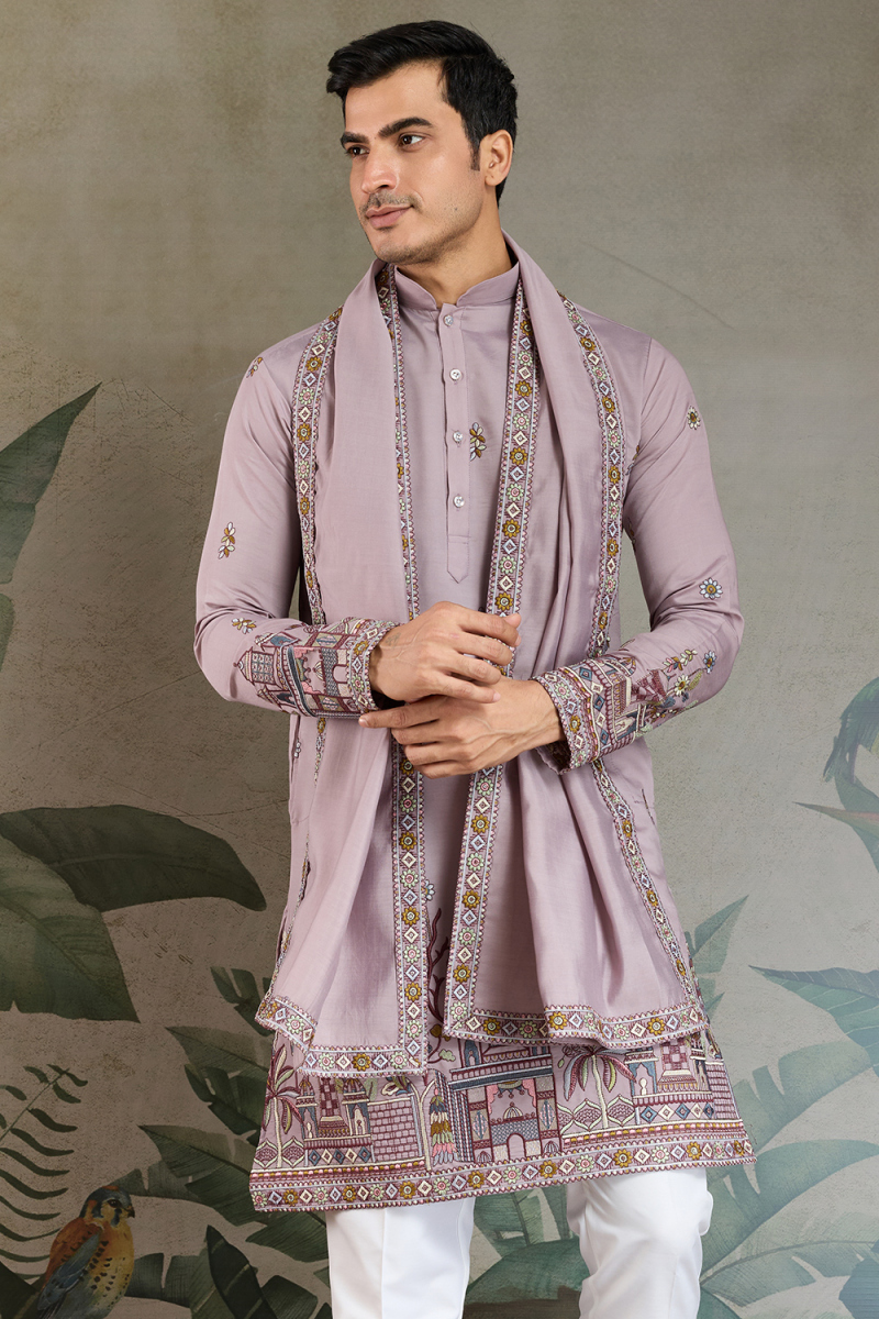 Mauve Cotton Silk Men's Kurta With Sequins Work For Festival 