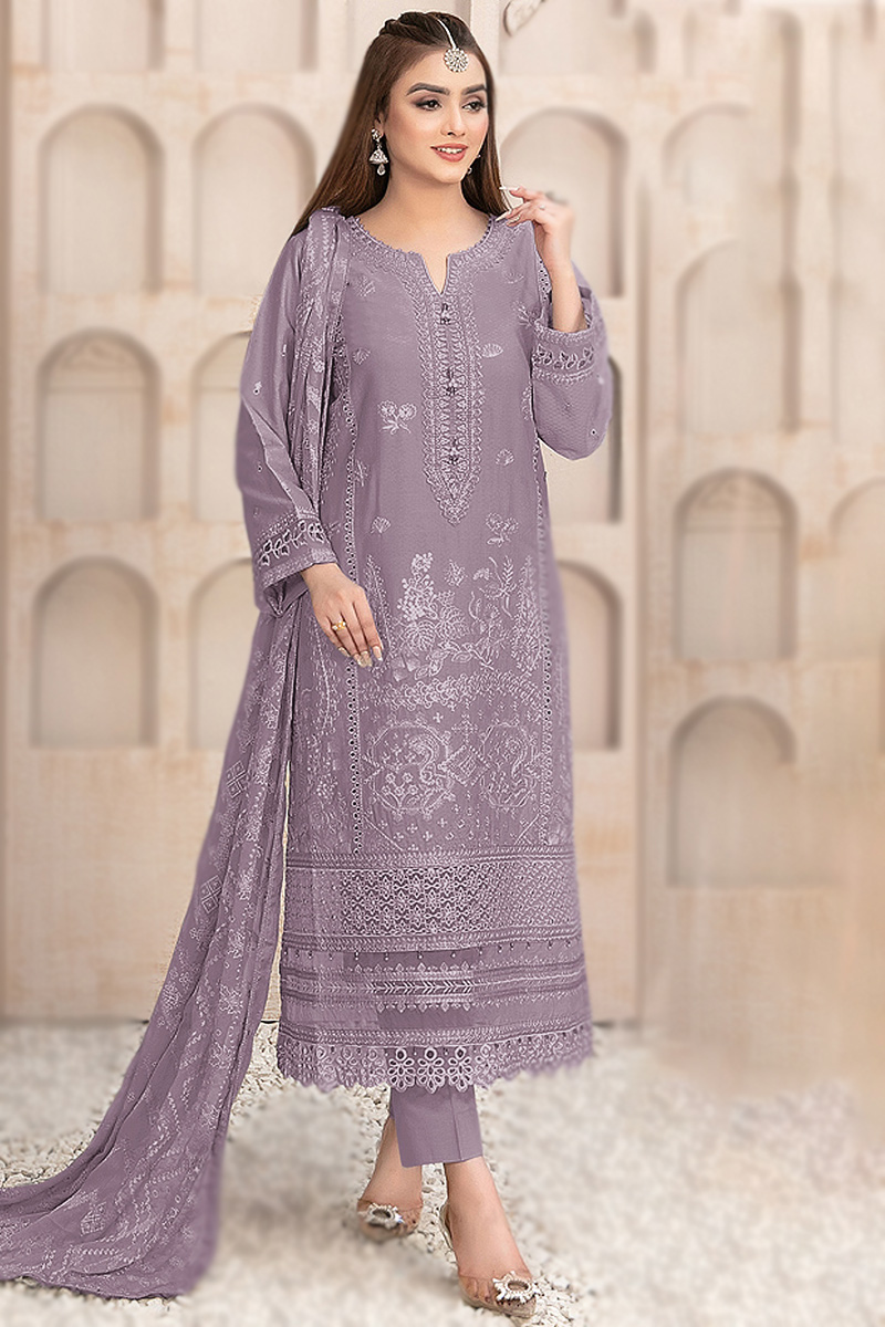 Mauve Embroidered Organza Straight Cut Trouser Suit 
