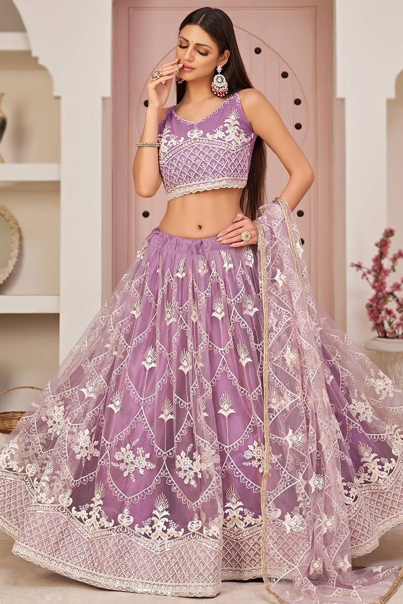 Mauve Net Embroidered Lehenga
