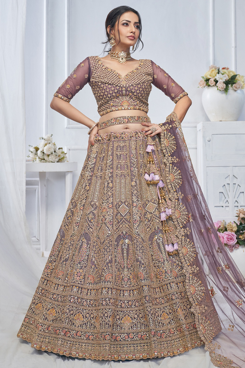 Mauve Net Resham Embroidered Panelled Style Lehenga 