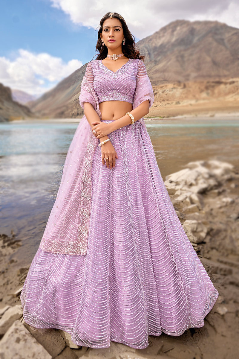 Mauve Pearl Embroidered Net Bridesmaid Wear Lehenga