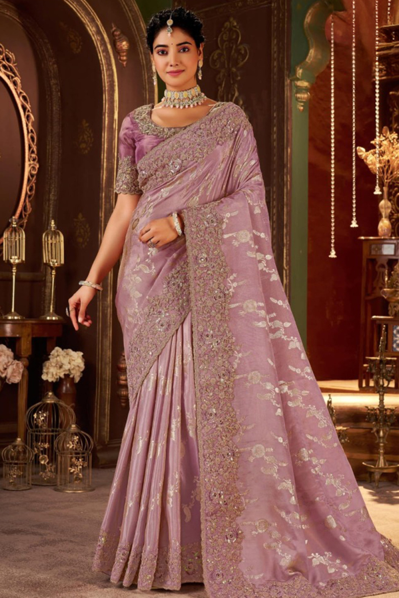 Mauve Pink Art Silk Woven Zari Heavy Saree 