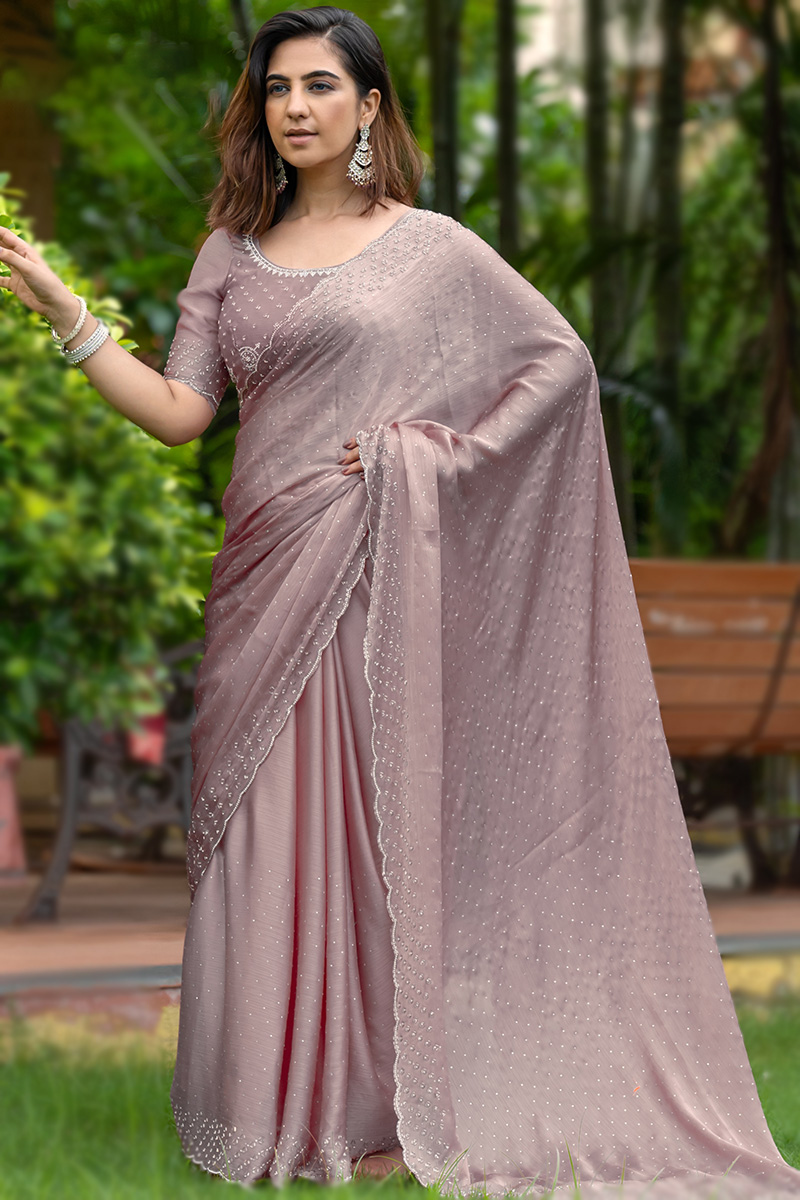 Mauve Pink Cutdana Embroidered Chiffon Saree For Sangeet