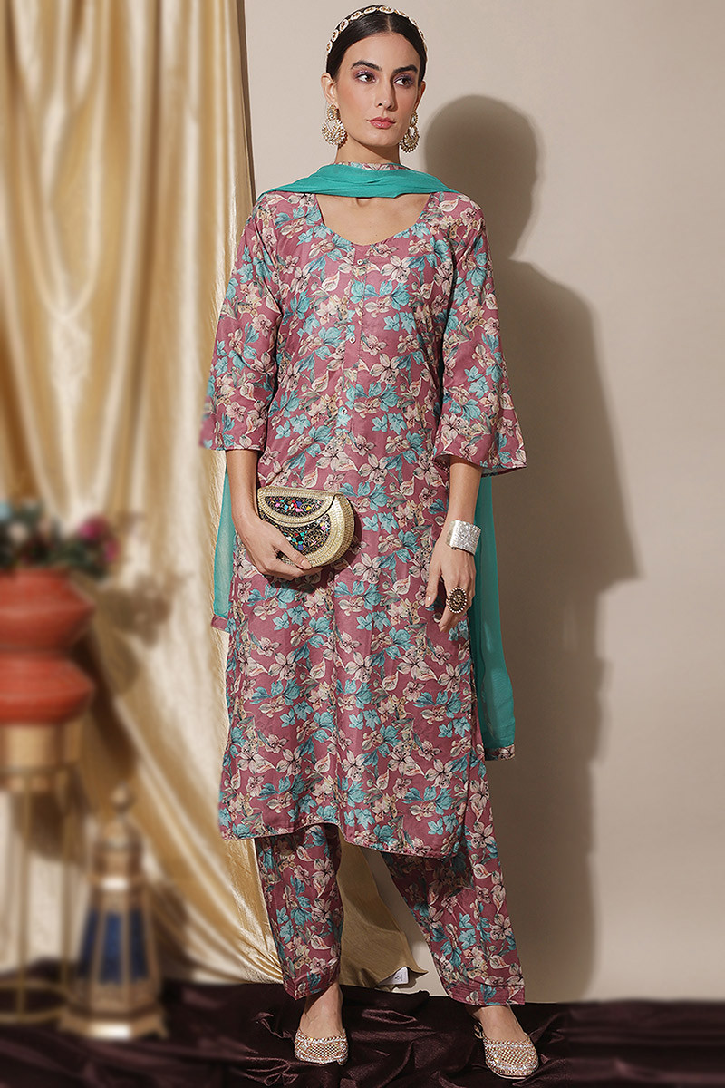Mauve Pink Floral Print Casual Wear Silk Salwar Suit