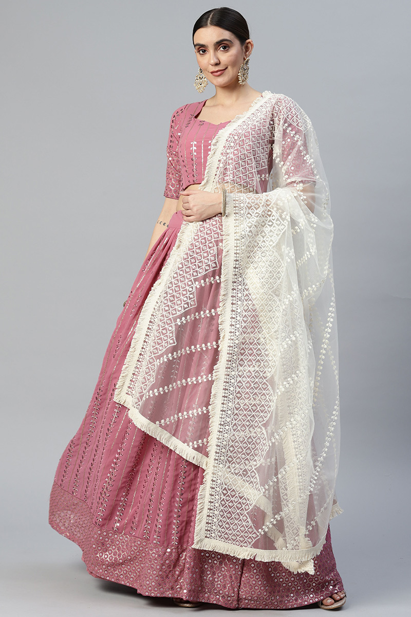 Mauve Pink Georgette Embroidered Lehenga