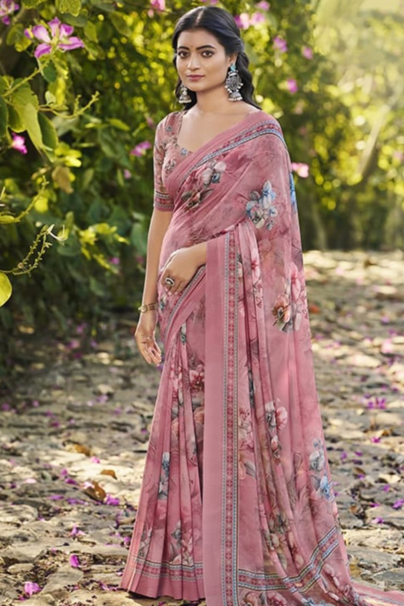 Mauve Pink Georgette Saree with Print Work for Casual Wear