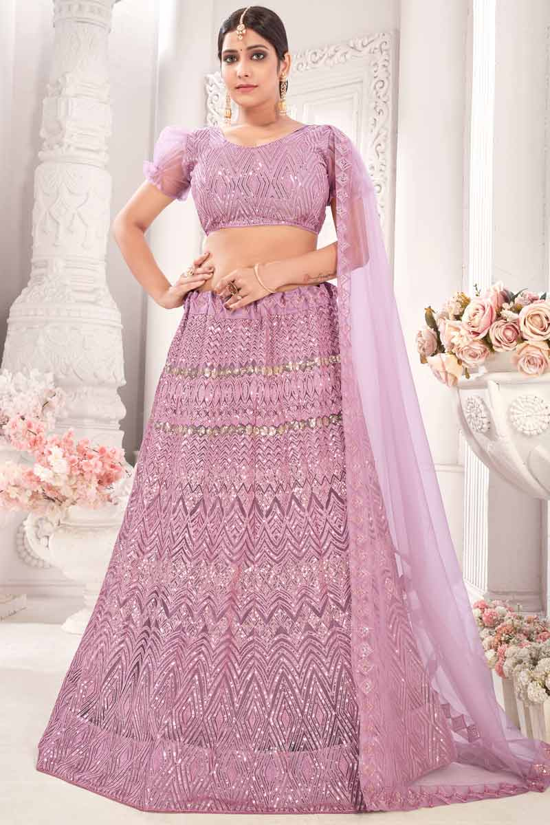 Mauve Pink Net Party Wear Lehenga Choli With Sequins 