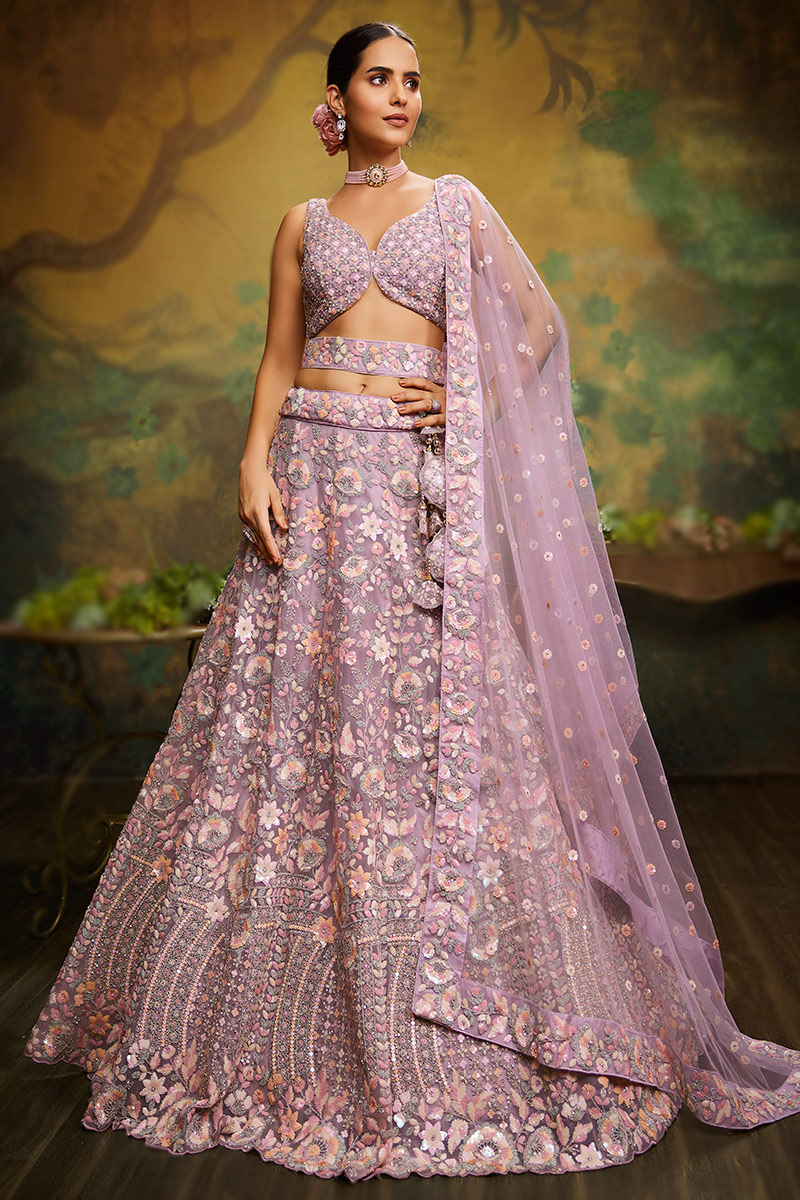 Mauve Pink Net Dori Embroidered Panelled Style Lehenga
