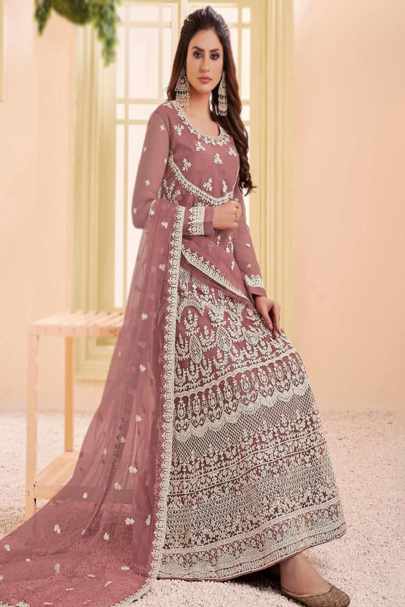 Buy Gorgeous Anarkali Suit in Mauve Pink Embroidered Net Fabric LSTV116381
