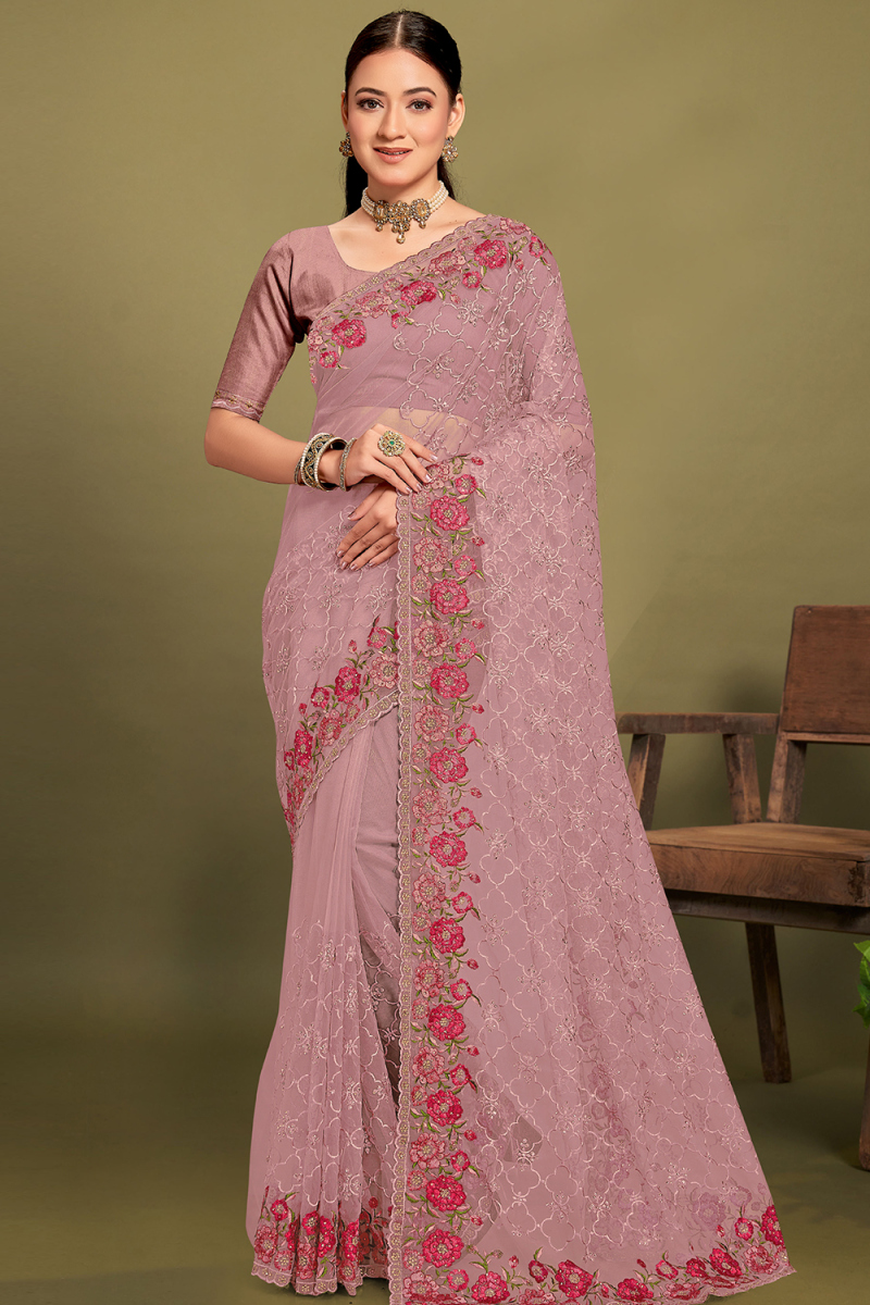 Elegant Mauve Pink Saree with Stone Embellished Blouse